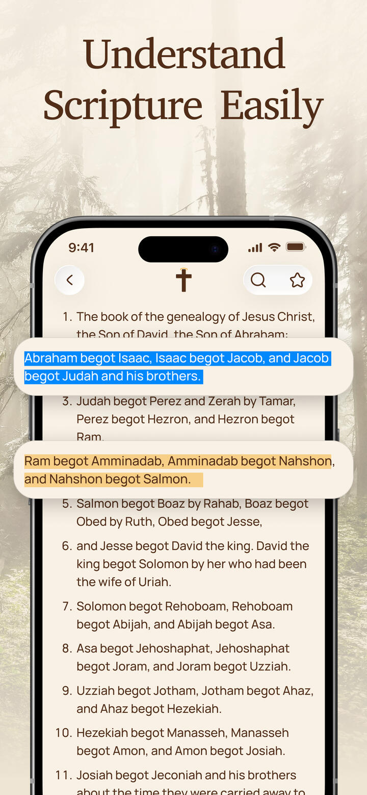Bible: Widgets, Verses & Chat Bible reader with verse highlighting in Matthew 1